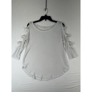 Cherish Shirt Womens Small White Waffle Knit Cold Shoulder 3/4 Sleeve Top Casual